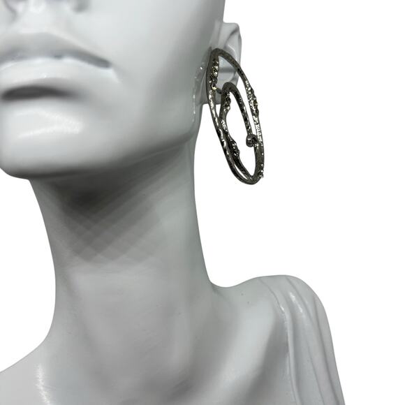 Vintage Silver Spiral Statement Earring - Abstract Hammered Metal with Crystals - Picture 6 of 8